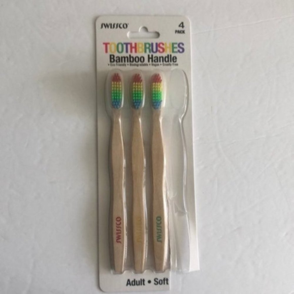 Swissco Rainbow 3 pc Toothbrushes Bamboo Handle Adult Soft Open Box New